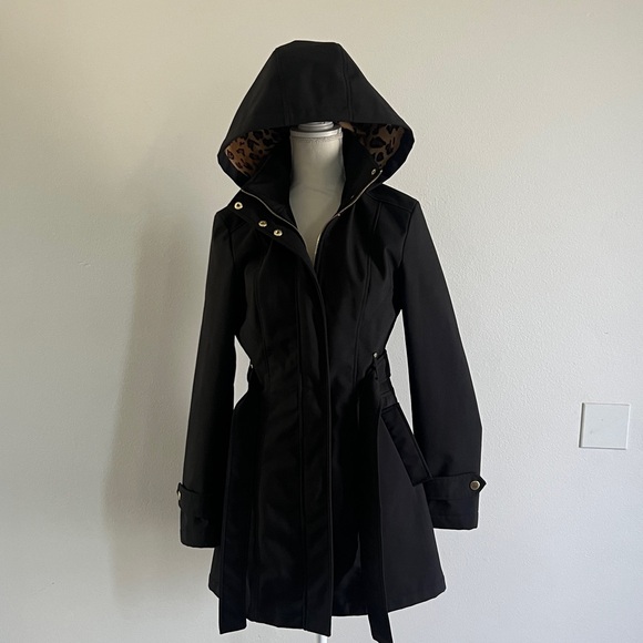 Liz Claiborne Black Trench Coat with Leopard Lining - Picture 3 of 6